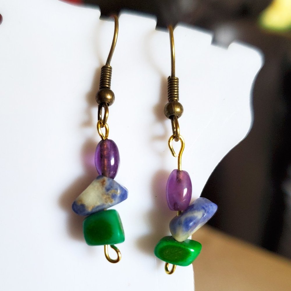 Bronze Hook Amethyst and Sodalite Dangle Earring